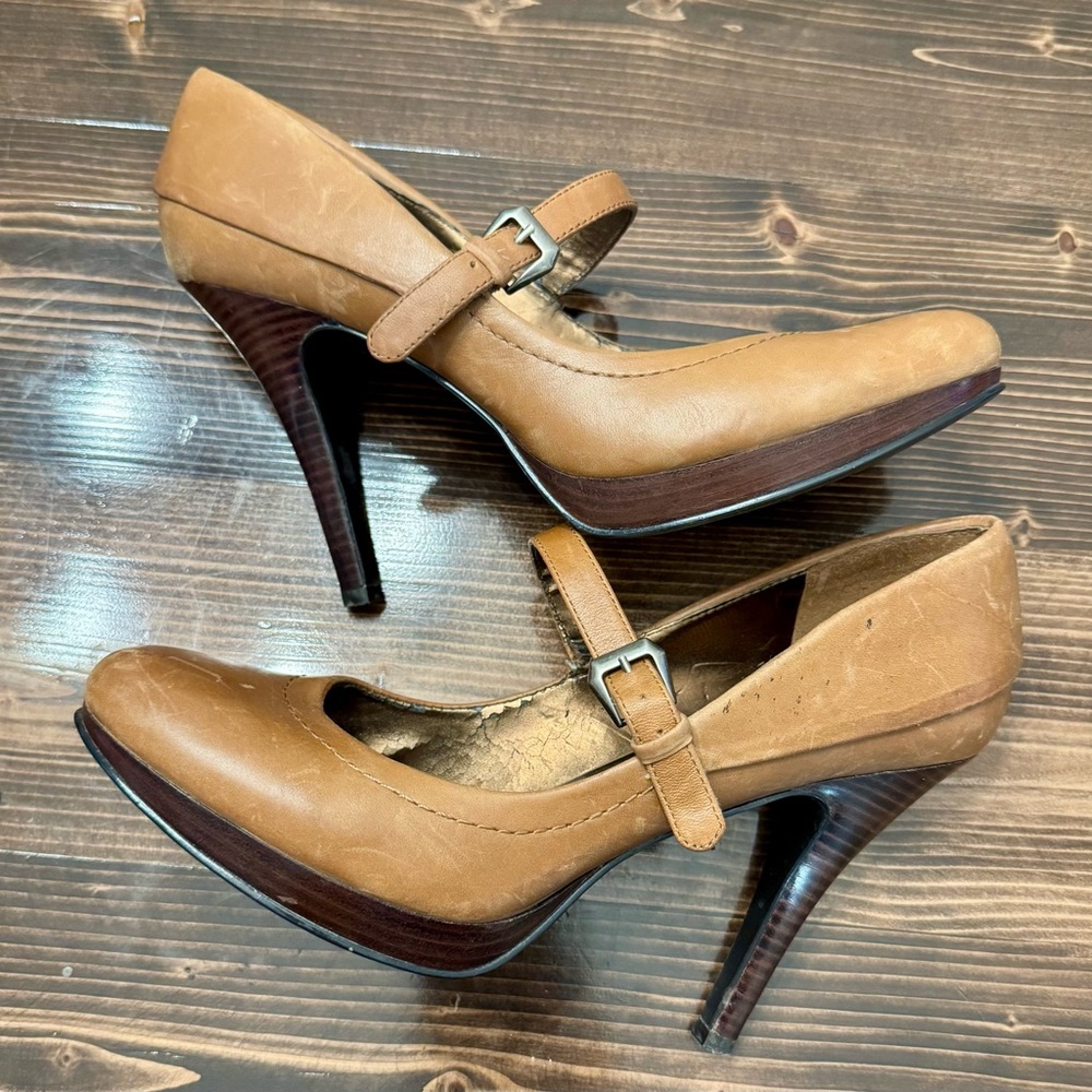 Vintage Nine West Round Toe Platform Brown Leather Mary Jane Heels Size 7.5
